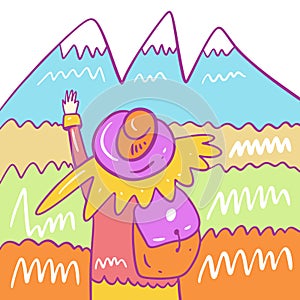 Girl with a backpack and a hat walks in the mountains. Hand drawn vector illustration. Isolated on white background.