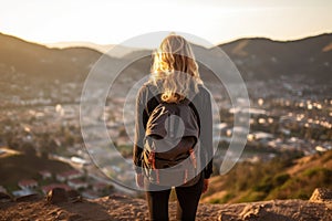 Girl with backpack looking at the city and mountains at sunset. Generative AI