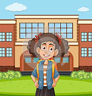 A girl with backpack standing at schoolyard