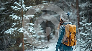 Girl with backpack standing under pine trees in winter forest A woman in a snowy forest, hiking and travelling by foot