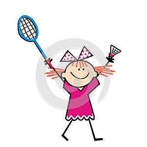 Girl and badminton set, humorous illustration, eps,