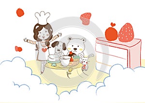 girl baking cake with dog and bear. Vector illustration decorative design