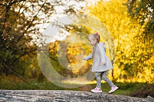 A girl balances on a fallen log in the park