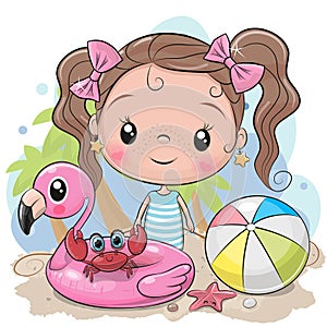 Girl with ball, flamingo inflatable and cute crab on the beach