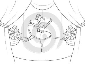 Girl ballerina, stage performances. Page outline of cartoon. Raster illustration, coloring book for kids.