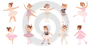 Girl ballet dancer. Little girls dancing in tutu skirt, cartoon isolated cute tiny characters. Classic dance lesson in