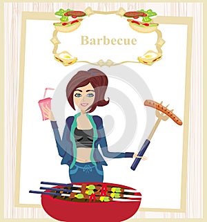 Girl barbecuing meat