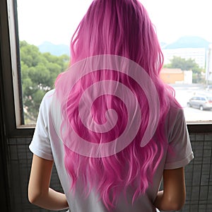 A girl with barbie pink hair in a white T-shirt