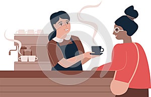 Girl barista serving hot coffee for customer in a coffee house