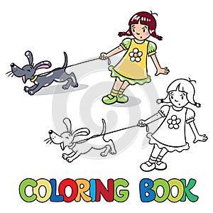 Girl with barking dog. Coloring book