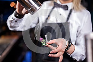 Girl barman formulates a cocktail on the brasserie