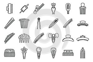 Girl barrette icons set, outline style