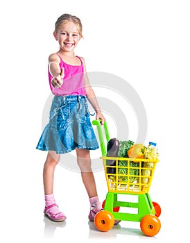 Girl with a basket of products from the