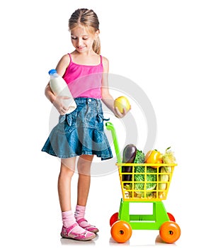 Girl with a basket of products from the