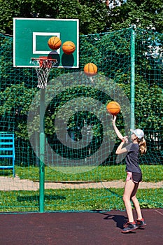 Girl basketball player throws ball in basket