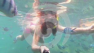 Girl bathe in the sea with fish. Scuba Diving in Masks. PHANGAN, THAILAND.