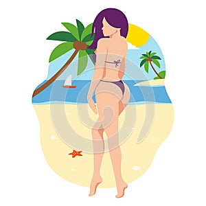 The girl in a bathing suit. Beautiful girl walks on the sand along the sea. Cute girl is resting and sunbathing. Flat design.