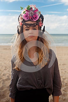 Girl beach flowers crown, De Panne, Belgium photo