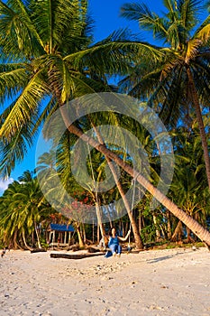 The girl on the beach rides on a swing during sunset. Sunset in the tropics, enjoying nature. Swing tied to a palm tree by the