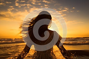 Girl on beach sunset splash. Generate Ai