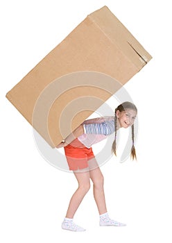 Girl bears the big heavy cardboard box