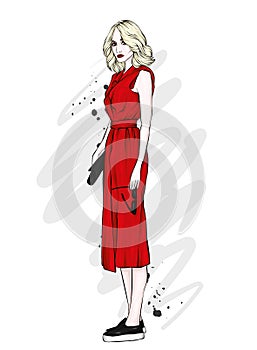 A girl in a beautiful dress. Vector illustration. Clothing and accessories, vintage and retro.