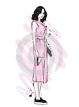 A girl in a beautiful dress. Vector illustration. Clothing and accessories, vintage and retro.