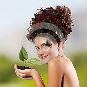 Girl beautiful ecology with green tree