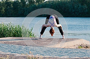 Girl beauty yoga sunrise lake outdoors