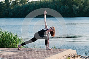 Girl beauty yoga sunrise lake outdoors