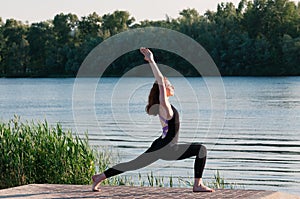 Girl beauty yoga sunrise lake outdoors