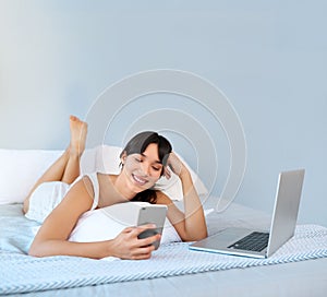 Girl, bed or phone to relax, happy or social media by thinking, ebook or web streaming subscription. Laptop, woman or