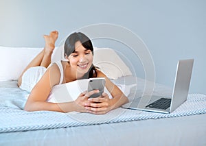 Girl, bed or phone to relax, smile or social media by thinking, ebook or communication online. Laptop, woman or search