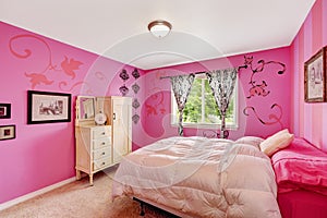 Girl bedroom interior in bright pink color