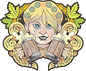 Girl with beer in hands, funny illustration, logo