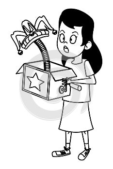 Girl being surprised with joke box black and white