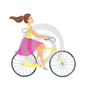 Girl with bicycle. Hand drawn watercolor illustration. Summer composition