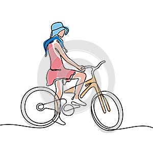 Girl on bicycle one line vector illustration