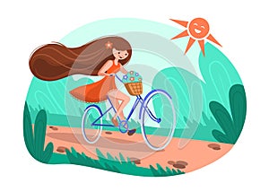 A girl on a bicycle, a red dress, a basket of flowers and flying long hair. Cheerful summer illustration girl riding a bike