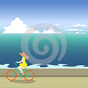 A girl on a bicycle rides along the sea shore. Vector illustration of a sea.