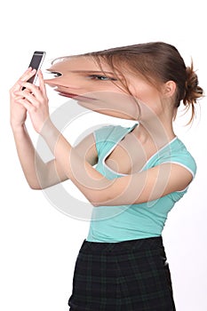 Girl with big distorted head taking selfie. Close up. White background.