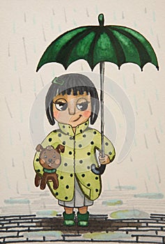 A girl with big eyes with a dog in her hands and a green umbrella in the rain