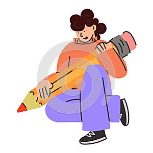 The girl with the big pencil. A young student holds a pencil. Cute funny isolated character. Cartoon style. Hand-drawn