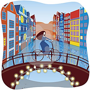 Girl on a bike on a bridge in old amsterdam or europe, flat vector stock illustration with woman cyclist, bicycle, gerland with
