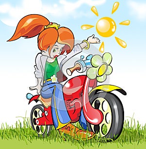 Girl-biker in the green field