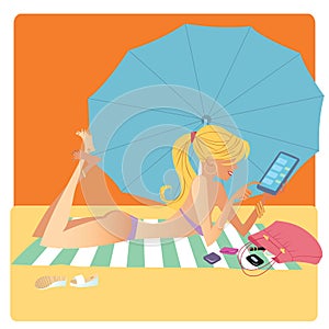 Girl in bikini on beach Mat deals on smartphone