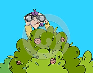 Girl with binoculars behind a bush. Cartoon style illustration