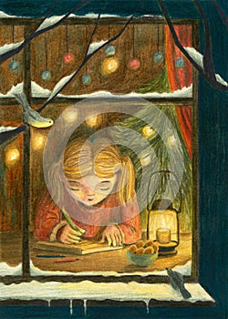 Girl with birds and lamp write a letter to Santa