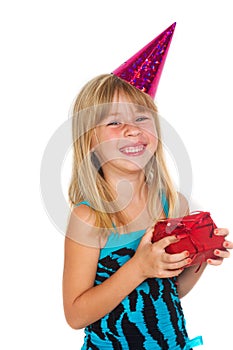 Girl with a birthday gift and cap
