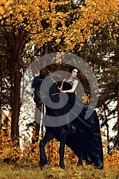 Girl in a black dress and a black tiara on a Frisian horse ride on a magical fairytale forest